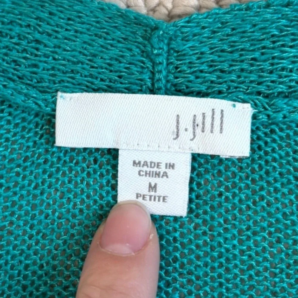 J. Jill Linen Blend‎ Open Front Cardigan, Petite Medium, Teal Coastal beachy